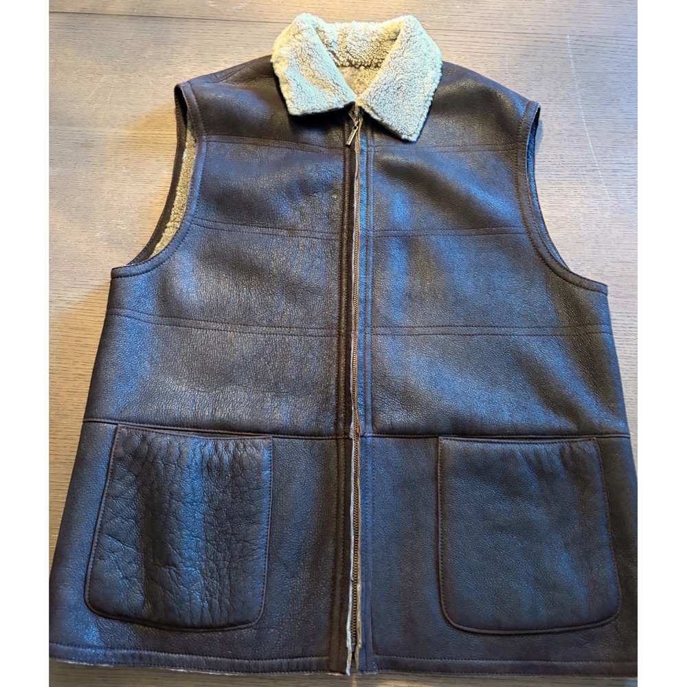 Sori Mens Shearling Leather Vest Dark Brown Full Zip Fleece Lined Pockets